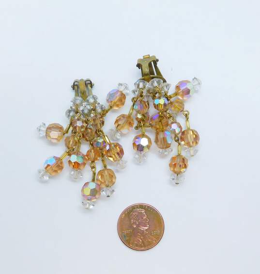 Vintage Goldtone Aurora Borealis Champagne & Clear Crystals Beaded Dangle Clip On Earrings 22.7g image number 5