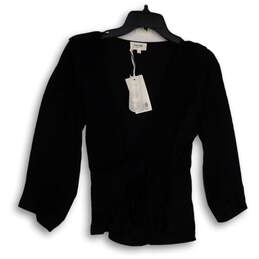 NWT Womens Black Pinstripe Wrap V-Neck Long Sleeve Blouse Top Size Small