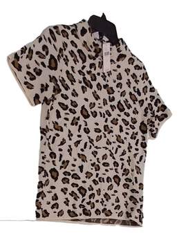 NWT Womens Beige Leopard Short Sleeve Mock Neck T-Shirt Size Small alternative image