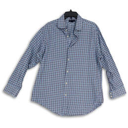 Mens Blue Plaid Cotton Collared Long Sleeve Button Up Shirt Size 17-33