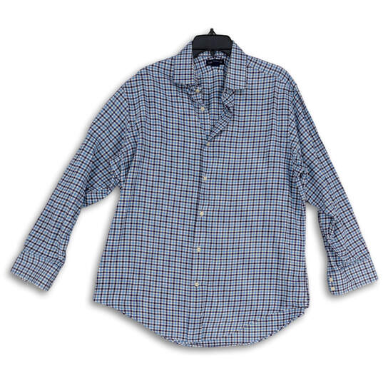 Mens Blue Plaid Cotton Collared Long Sleeve Button Up Shirt Size 17-33 image number 1