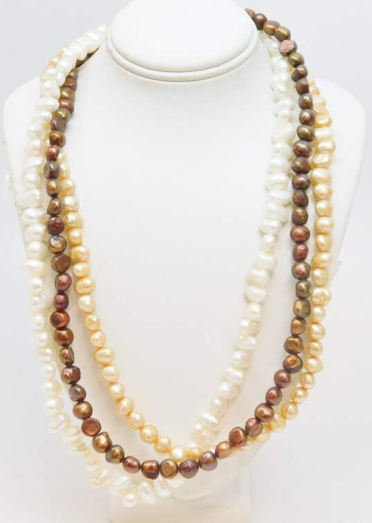 Artisan 925 Brown White & Yellow Pearls Beaded Multi Strand Necklace & Modernist Citrine Marquise Band Ring 82.8g image number 4
