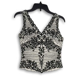 Womens Black White Embroidered Sleeveless Back Zip Blouse Top Size S/P