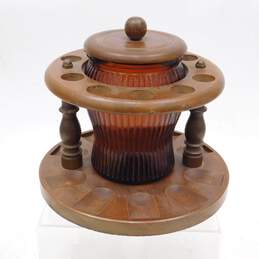 Vintage Dun-Rite Wood Tobacco Pipe Holder Amber Glass Humidor