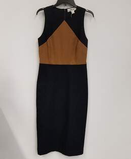 NWT Womens Navy Blue Brown Round Neck Sleeveless Midi Sheath Dress Size 10