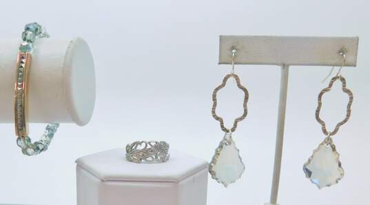 925 Carolee Marcasite Bracelet Crystal Dangle Earrings & Leaves Ring 25.4g image number 1