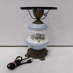 Vintage Hurricane Parlor Lamp Base Blue Floral Milk Glass L&L WMC