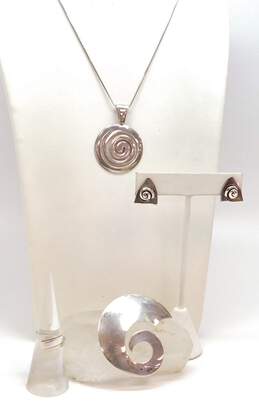 Artisan Sterling Silver Spiral Pendant Necklace Brooch & Geometric Post Earrings & Ring 25.4g