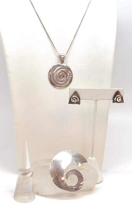 Artisan Sterling Silver Spiral Pendant Necklace Brooch & Geometric Post Earrings & Ring 25.4g image number 1