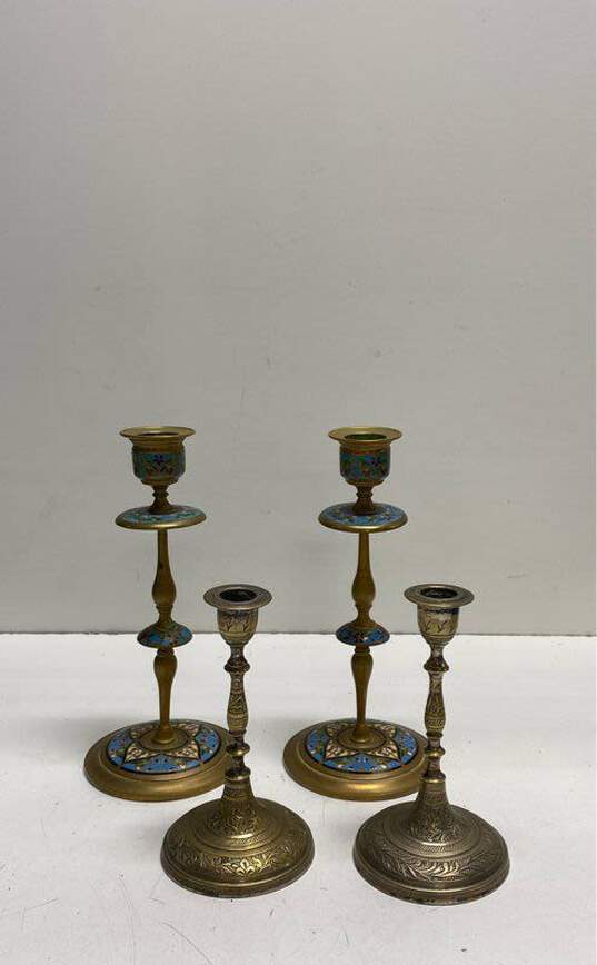 Brass and Bronze Set of 4 Candlesticks Metal Enamel Candle Holders image number 1