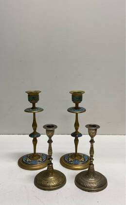 Brass and Bronze Set of 4 Candlesticks Metal Enamel Candle Holders
