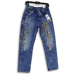 NWT Womens Blue Paint Splatters Denim High Rise Straight Leg Jeans Size 26