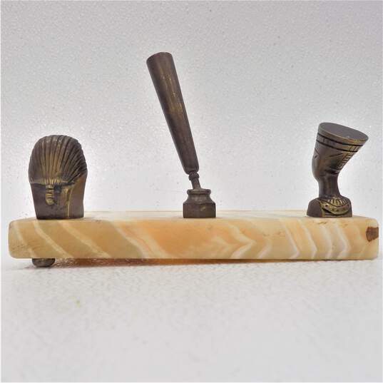 Vintage Marble Desk Top Egyptian Theme Brass Accent Pen Holder image number 4