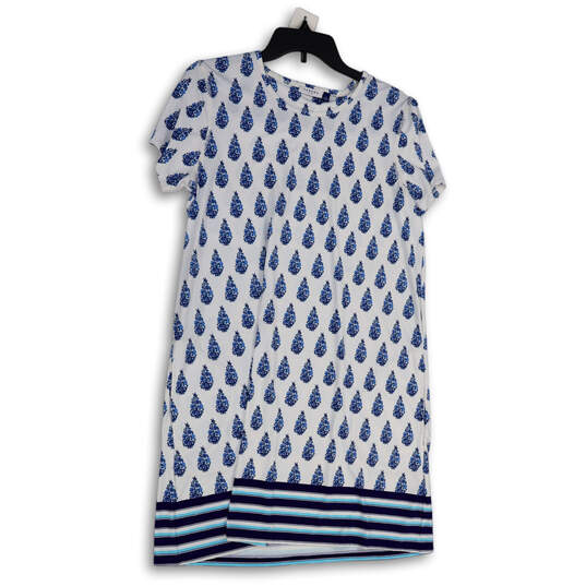 Womens Blue White Batik Print Crew Neck Short Sleeve Shift Dress Size Large image number 1