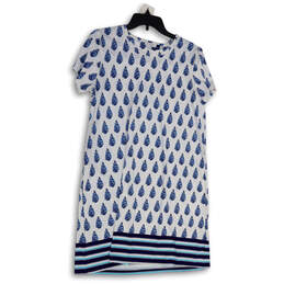 Womens Blue White Batik Print Crew Neck Short Sleeve Shift Dress Size Large
