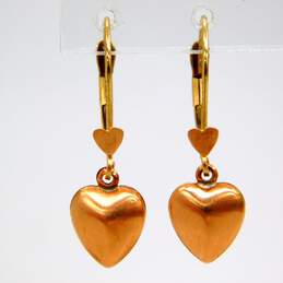 14K White Yellow & Rose Gold Puffed Heart Drop & Feather Post Earrings 1.5g alternative image