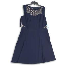 Anne Klein Womens Navy Blue Boat Neck Sleeveless Back Zip A-Line Dress Size 16
