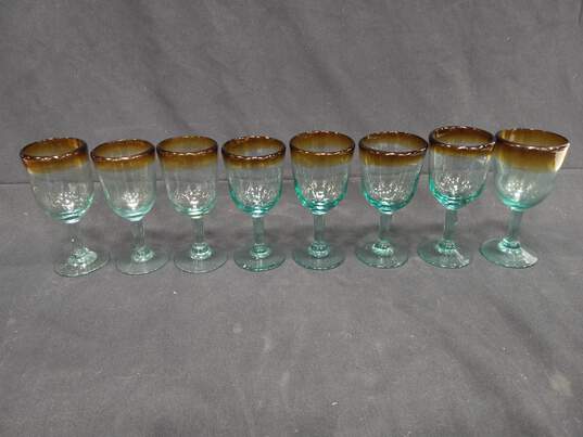 Set of 8 Brown Rim Clear Blown Glass Wine Goblets image number 1