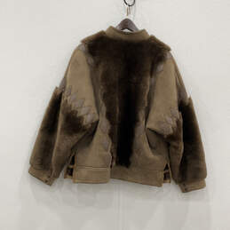 Womens Brown Faux Fur Long Sleeve Band Collar Full-Zip Jacket Size 42 alternative image