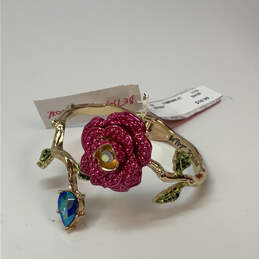 NWT Designer Betsey Johnson Gold-Tone Pink Rose Crystal Hinge Cuff Bracelet alternative image