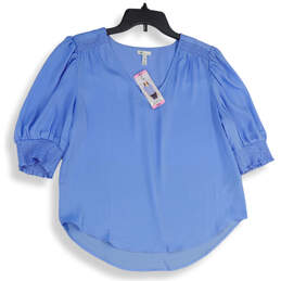 NWT Womens Blue V-Neck 3/4 Sleeve Smocked Pullover Blouse Top Size Small