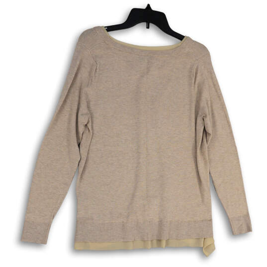 Womens Tan Knitted V-Neck Side Slit Long Sleeve Pullover Sweater Size 14/16 image number 2