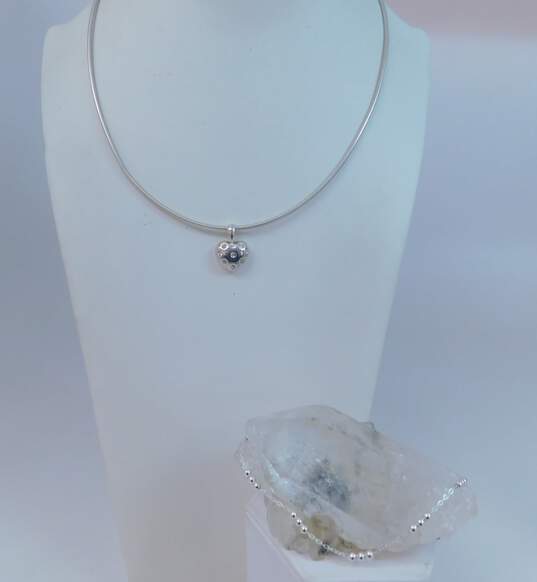 Milor & Contemporary 925 Cubic Zirconia Heart Pendant Omega Chain Necklace & Beaded Fancy Link Bracelet 19.5g image number 1