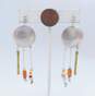 Signed S Sylvia Youell Navajo 925 & Brass Modernist Carnelian MOP Shell & Ball Beaded Dangles Etched Disc Drop Post Earrings 13.5g image number 3