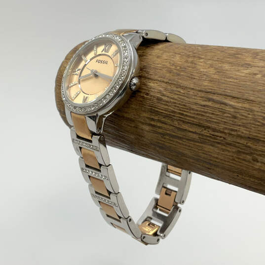 Designer Fossil ES3697 Silver & Rose Gold Tone Rhinestone Analog Wristwatch image number 1