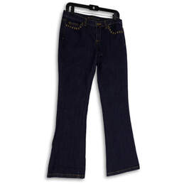 Womens Blue Medium Wash Logo Pockets Stretch Denim Flared Leg Jeans Size 6