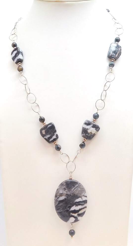 Artisan 925 Zebra Jasper & Agate Granulated Beaded Pendant Chain Necklace Etched Domes Linked Bracelet & Spoon Ring 49.5g image number 4
