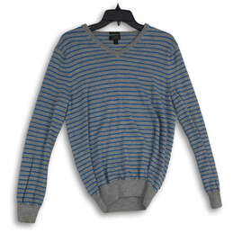Mens Gray Blue Striped Merino Wool V-Neck Long Sleeve Pullover Sweater Sz M