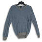 Mens Gray Blue Striped Merino Wool V-Neck Long Sleeve Pullover Sweater Sz M image number 1