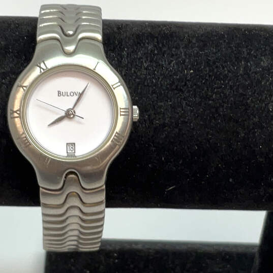Designer Bulova Silver-Tone Round Dial Stainless Steel Analog Wristwatch image number 1