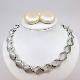 Vintage Marvella & Fashion Faux Pearl Clip-On Earrings & Brushed Silver Tone Necklace 57.6g