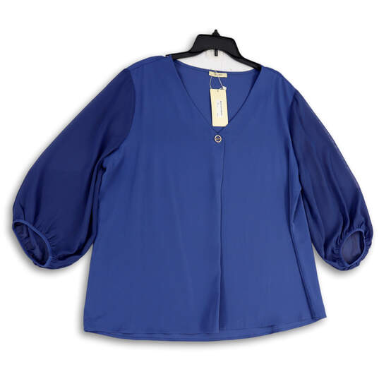 NWT Womens Blue 3/4 Balloon Sleeve V-Neck Pullover Blouse Top Size XXXL image number 3