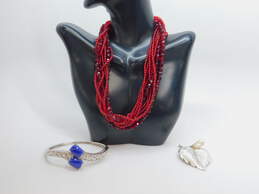 Vintage Trifari Silver Tone Faux Pearl Leaf Brooch Red Glass Bead Necklace & Lapis Bracelet  117.6g