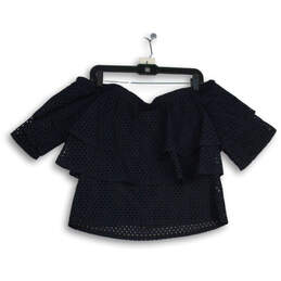 NWT Womens Navy Blue Eyelet Ruffle Off The Shoulder Blouse Top Size XS alternative image