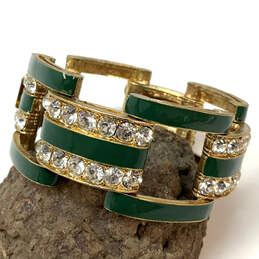 Designer J. Crew Gold-Tone Green Enamel Rhinestone Wide Bangle Bracelet
