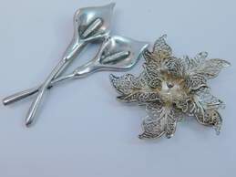 Sterling Silver Calla Lily & Filigree Flower Brooches 21.4g