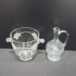 Set of 2 Clear Glass Etched Wine Decanter & Ice Bucket