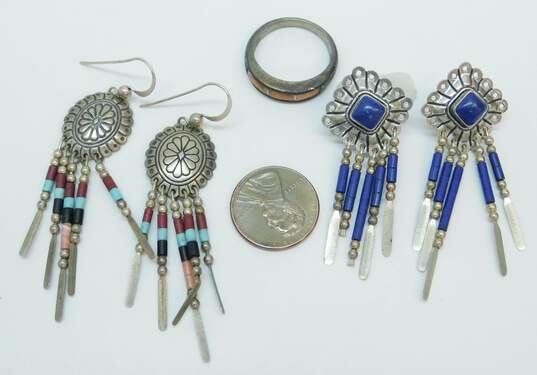 Carolyn Pollack & QT 925 Southwestern Lapis Lazuli Cabochon & Multi Faux Stone Beaded Tassels Concho Drop Earrings & Spiny Oyster Band Ring 14.1g image number 4