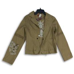 NWT Ceres Womens Khaki Brown Embroidered Long Sleeve Notch Collar Jacket Size 49