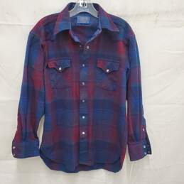 Pendleton MN's 100% Virgin Wool Blue & Red Pearl Snap Flannel Shirt Size M