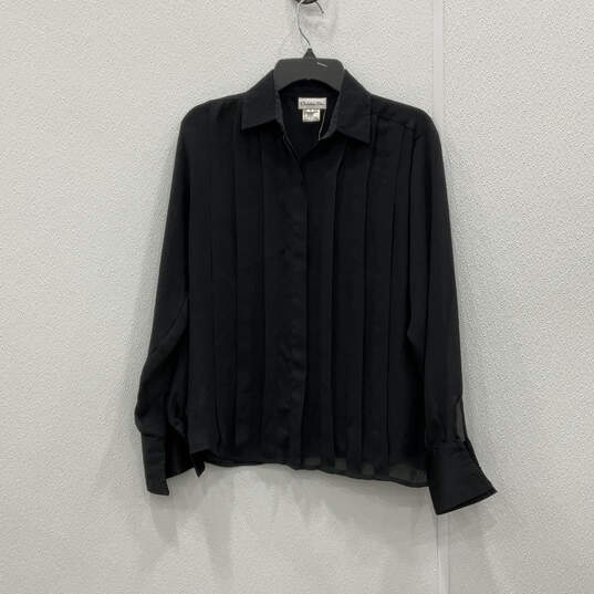 Womens Black Sheer Long Sleeve Pleated Button Front Blouse Top Size 4 image number 1
