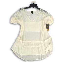 NWT Lee Womens White Lace Pleated V-Neck Short Sleeve Blouse Top Size X-Large