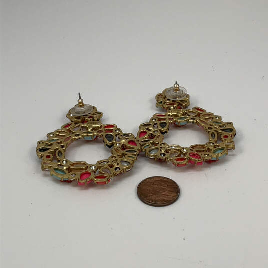 Designer J. Crew Gold-Tone Colorful Flower Rhinestone Classic Hoop Earrings image number 2