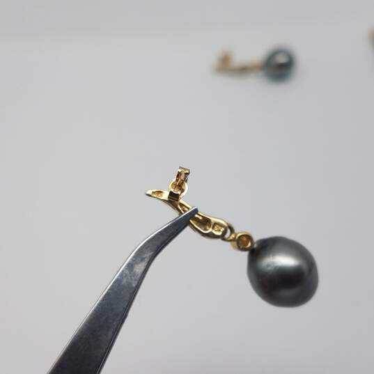 14k Gold Dark FW Pearl Diamond Dangle Earrings 3.9g image number 7