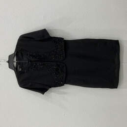 Womens Black Beaded Short Sleeve Back Zip Attached Jacket Sheath Dress Sz 6