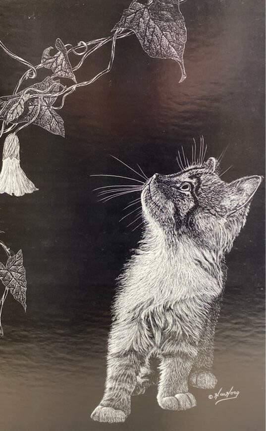 Black and white sketch of Kitten and Flowers 1980's Print by H. W. Hoag image number 4